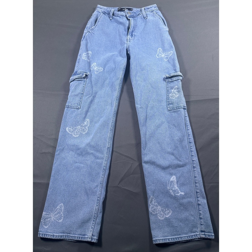 Hollister Ultra High-Rise Dad Jeans Butterfly Print Blue Cargo Denim 00R‎ W23R